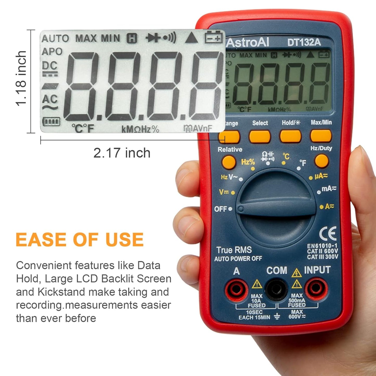AstroAI Digital Multimeter, TRMS 4000 Counts Volt Meter (Manual and Auto Ranging); Measures Voltage Tester, Current, Resistance, Continuity, Frequency; Tests Diodes, Temperature (Red)