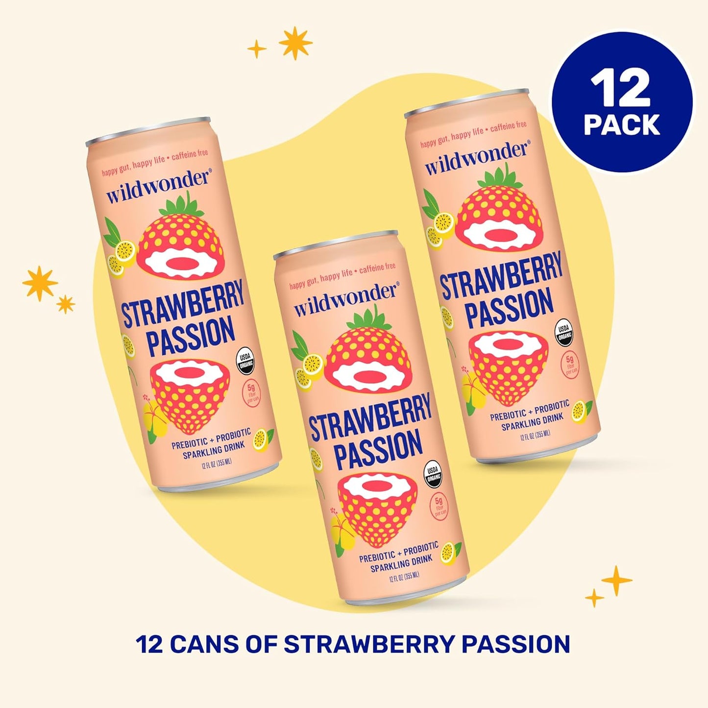 wildwonder Sparkling Probiotic Juice Drink w/Gut Health Immunity, Digestion Support, 5g Fiber, Live Probiotics, Caffeine Free, Organic, Low Sugar, 12pk 12oz, Strawberry Passion, As Seen on Shark Tank