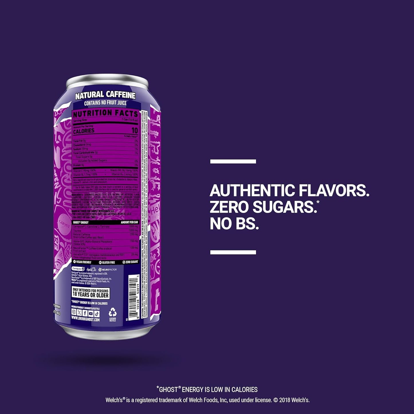 GHOST Energy Drink - 12-Pack, Welch's Grape, 16oz Cans - Energy & Focus & No Artificial Colors - 200mg of Natural Caffeine, L-Carnitine & Taurine - Gluten-Free & Vegan