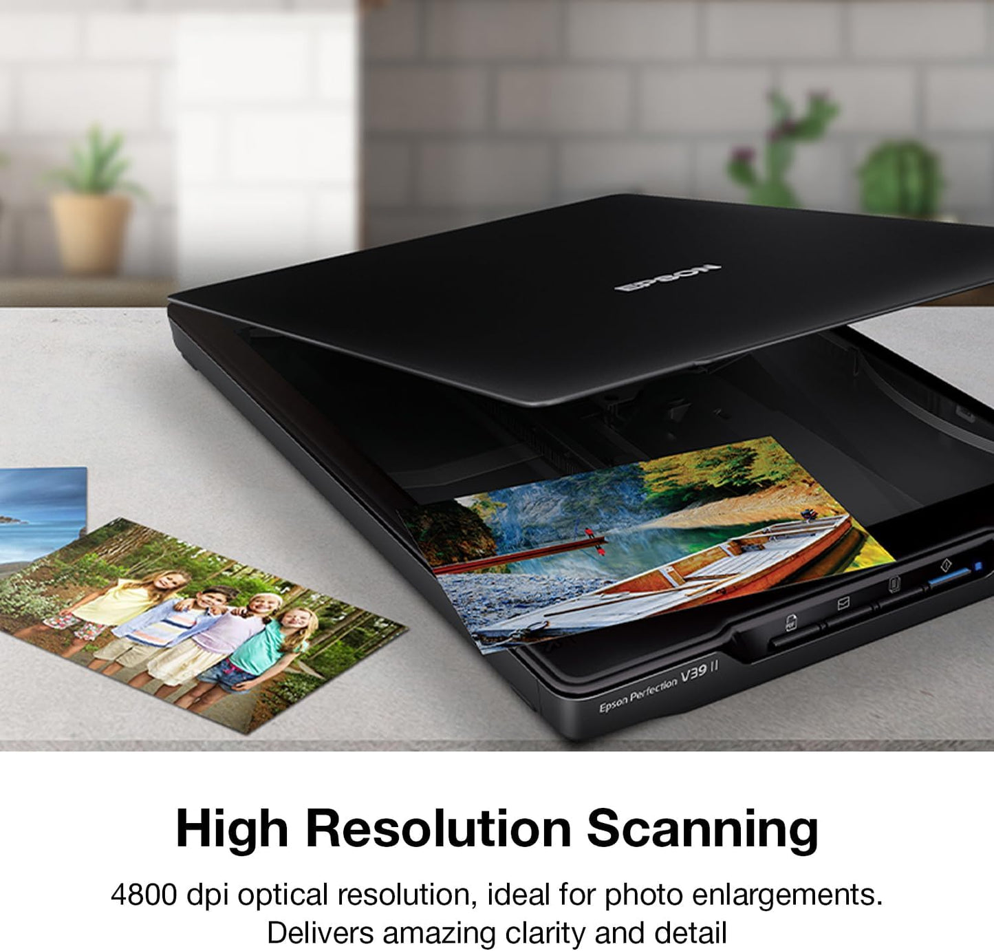 Epson - Perfection V39 II - Color Photo and Document Flatbed Scanner - 4800 dpi Optical Resolution - High-Rise, Removable Lid - Scan to Cloud - USB Power - Image Scanning - Black