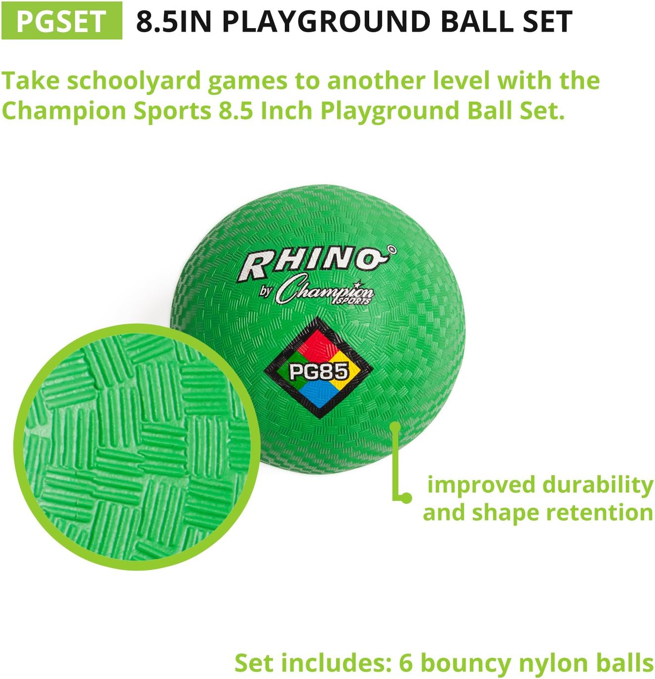 Champion Sports Rhino Playground Ball Set, 8.5"D -Two-Ply, Nylon Wound - Set of 6 Colors