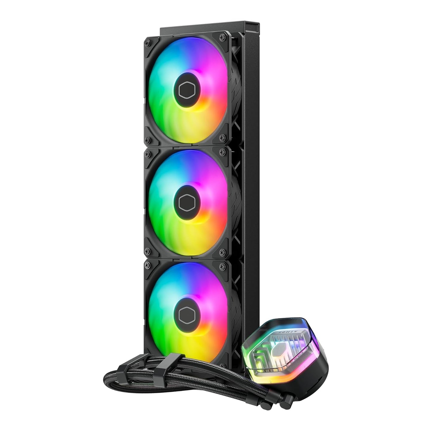 Cooler Master 360 Atmos High Performance Close-Loop AIO Liquid Cooler, R9|i9 Dual Chamber Pump, Customize Cover, Sickleflow Edge PWM, aRGB Lighting, AMD Ryzen AM5|4, Intel LGA 1851|1700 Platform