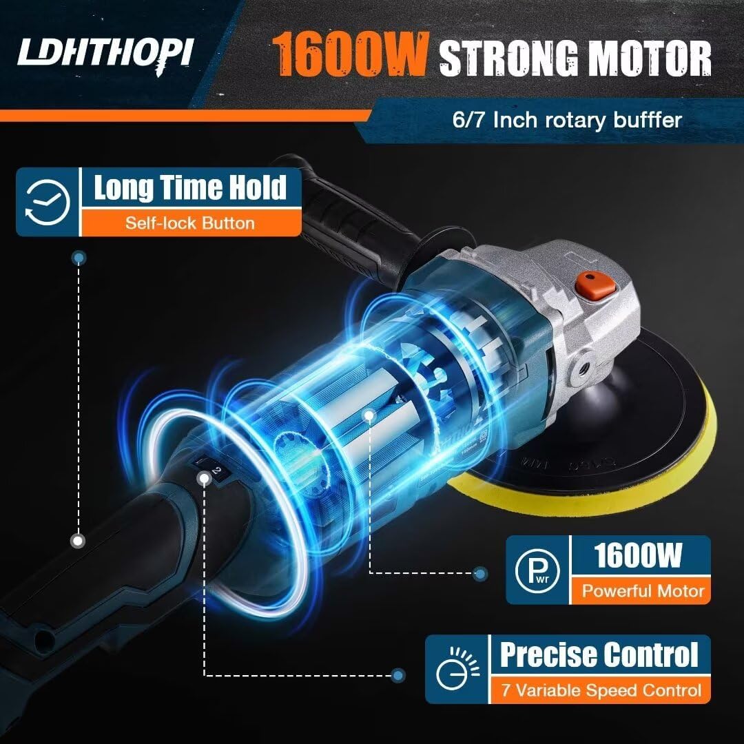 Buffer Polisher, 1600W 7 Inch/6 Inch Rotary Buffer Polisher Waxer, 7 Variable Speed 1000-3500 RPM, Detachable Handle for Car, Boat Sanding, Polishing, Waxing