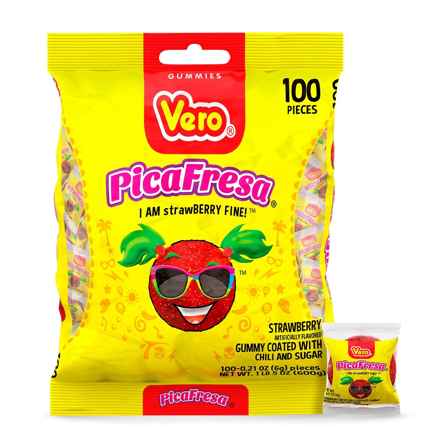 Vero PicaFresa - Strawberry Flavored Chewy Gummy Candy Treats - 100 Piece - (1 LB, 5.15 Ounces Each) - Individually Wrapped Mexican Candy Perfect for Piñatas, Halloween, and More
