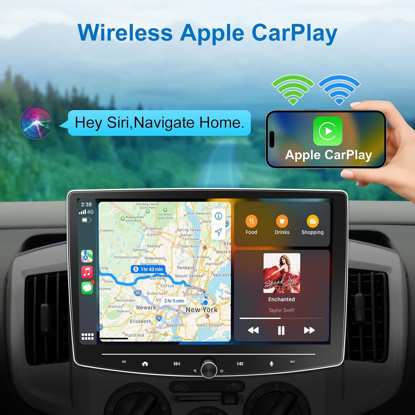 10 Inch Double Din Car Stereo Touchscreen - Detachable Floating QLED Car Radio with Apple Wireless CarPlay, Android Auto, Bluetooth, Live Rear View Camera, 2.1 Channel Audio Multimedia Receivers