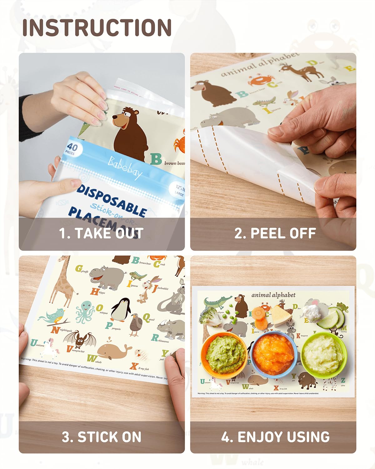 Disposable Stick-on Placemats 40 Pack for Baby & Kids, Restaurant Table Mats 12" x 18" Sticky Place Mats, Toddler Baby Placemat, Animal Alphabet Theme