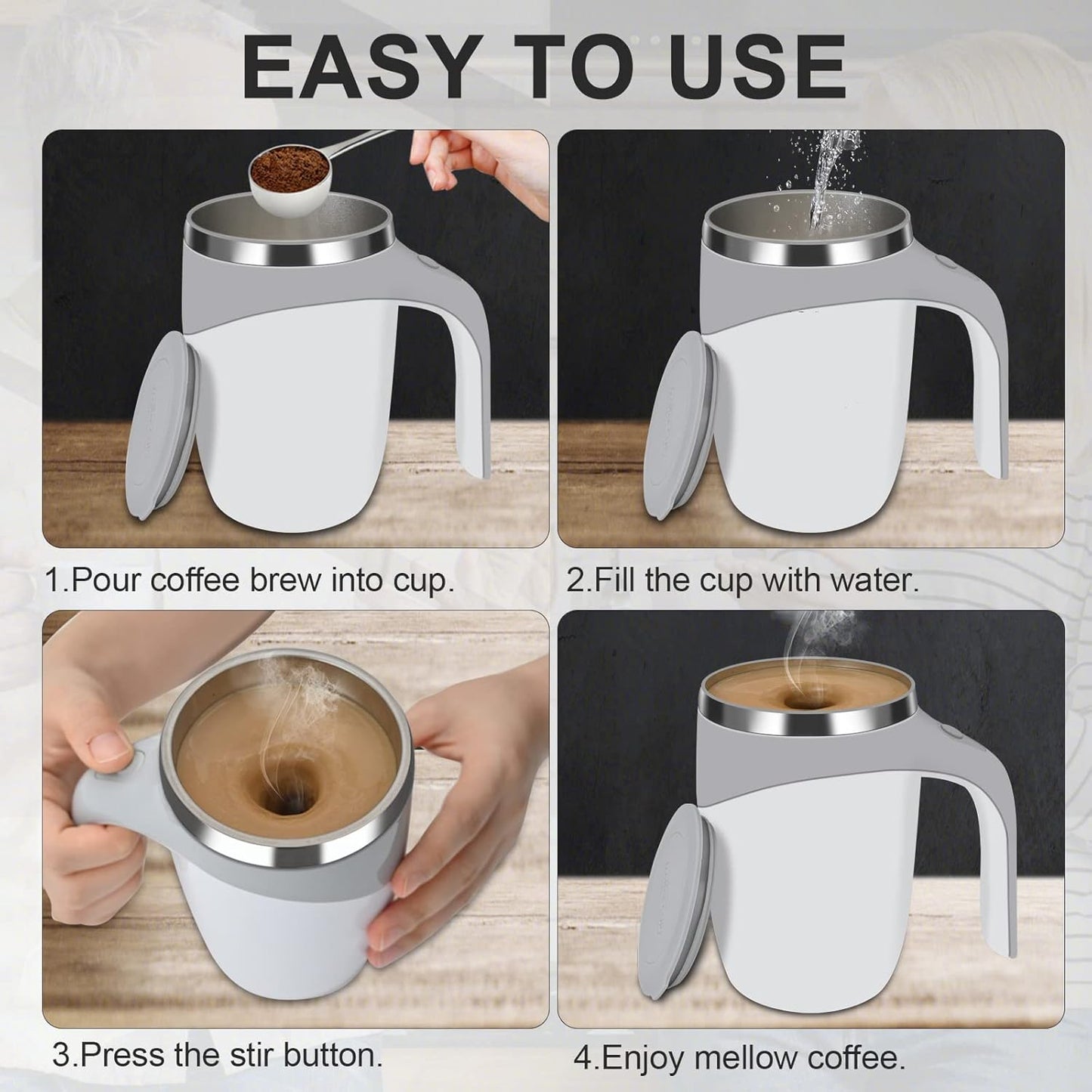 Electric Magnetic Stirring Coffee Mug, Electric Mixing Mug, Automatic Funny Self Mixing Cup, Stainless Steel Travel Cup for Chocolate, Milk, Tea, Office, Home, Kitchen, 12 oz/350ml, White