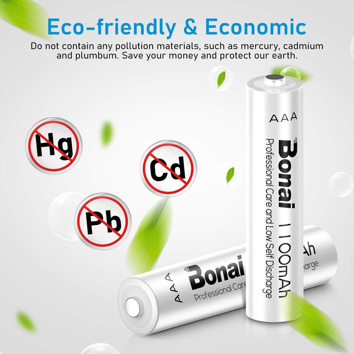 BONAI Rechargeable AAA Batteries • 1100 mAh • NiMH High-Capacity • Recharge up to 1200x • 16-Pack Pre-Charged