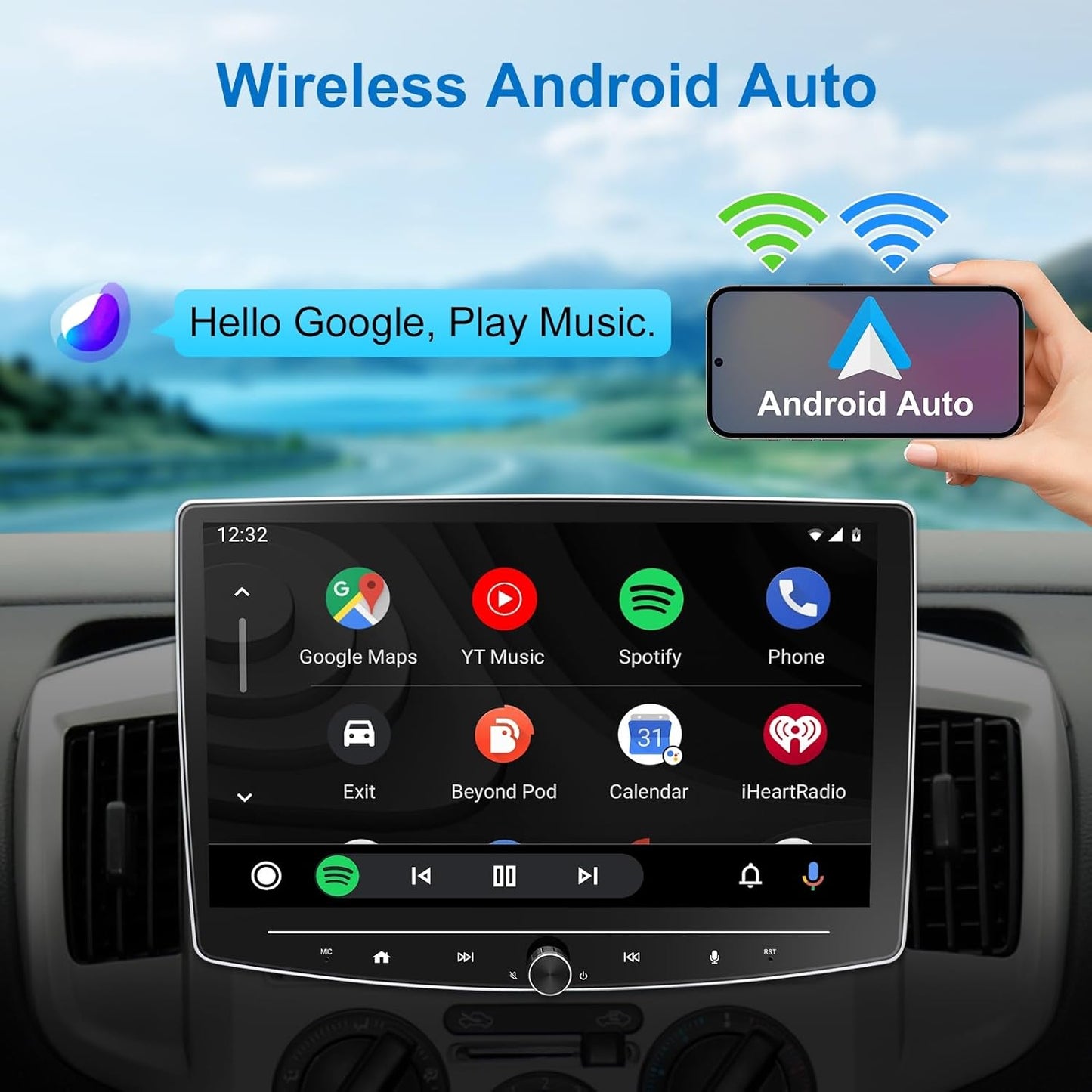 10 Inch Double Din Car Stereo Touchscreen - Detachable Floating QLED Car Radio with Apple Wireless CarPlay, Android Auto, Bluetooth, Live Rear View Camera, 2.1 Channel Audio Multimedia Receivers