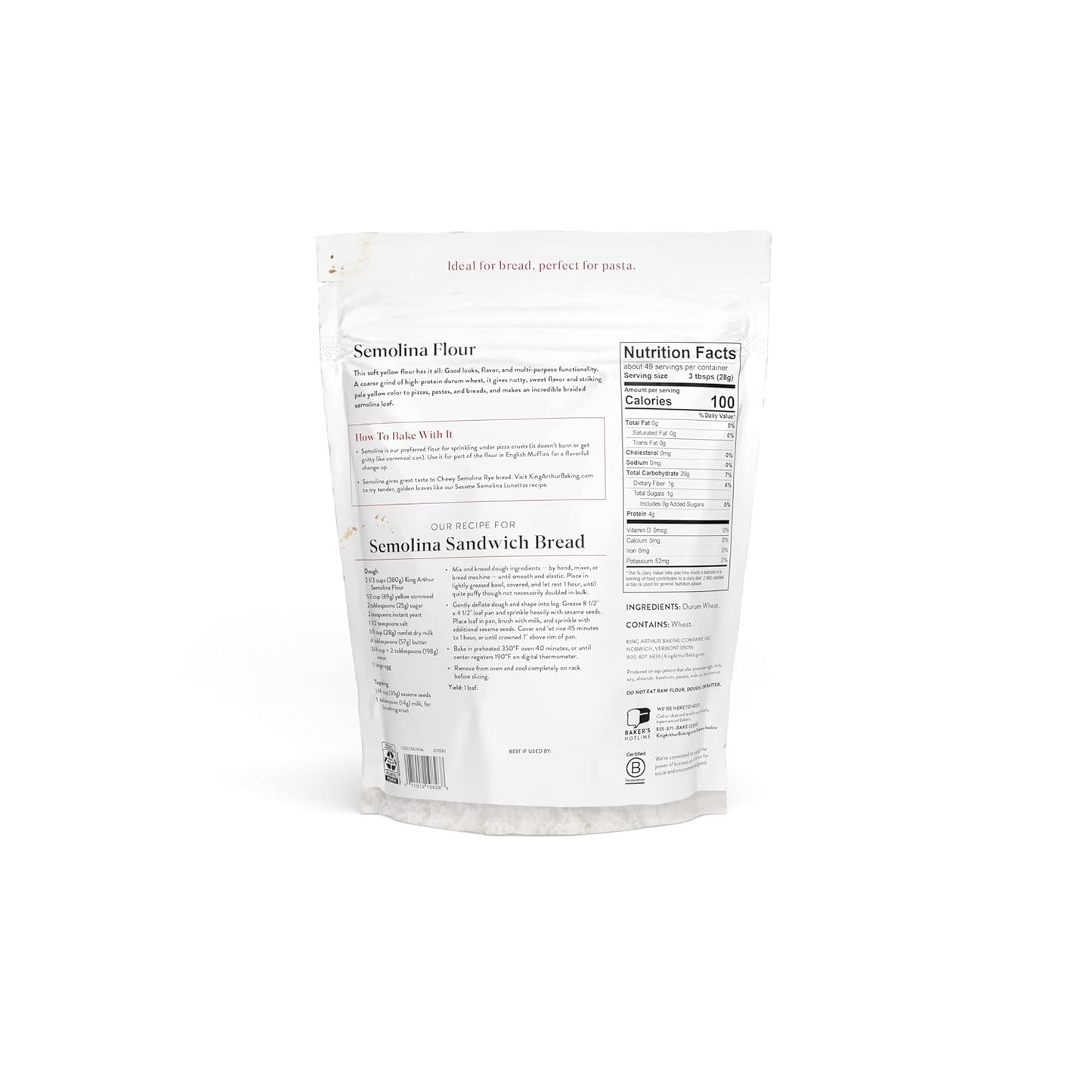King Arthur Premium Semolina Flour: Coarse Ground, High Protein Durum Wheat for Perfect Pasta, Pizza, and Bread Making - Kosher, 3 lbs Resealable Bag, USA-Grown Wheat, Versatile Baking Ingredient