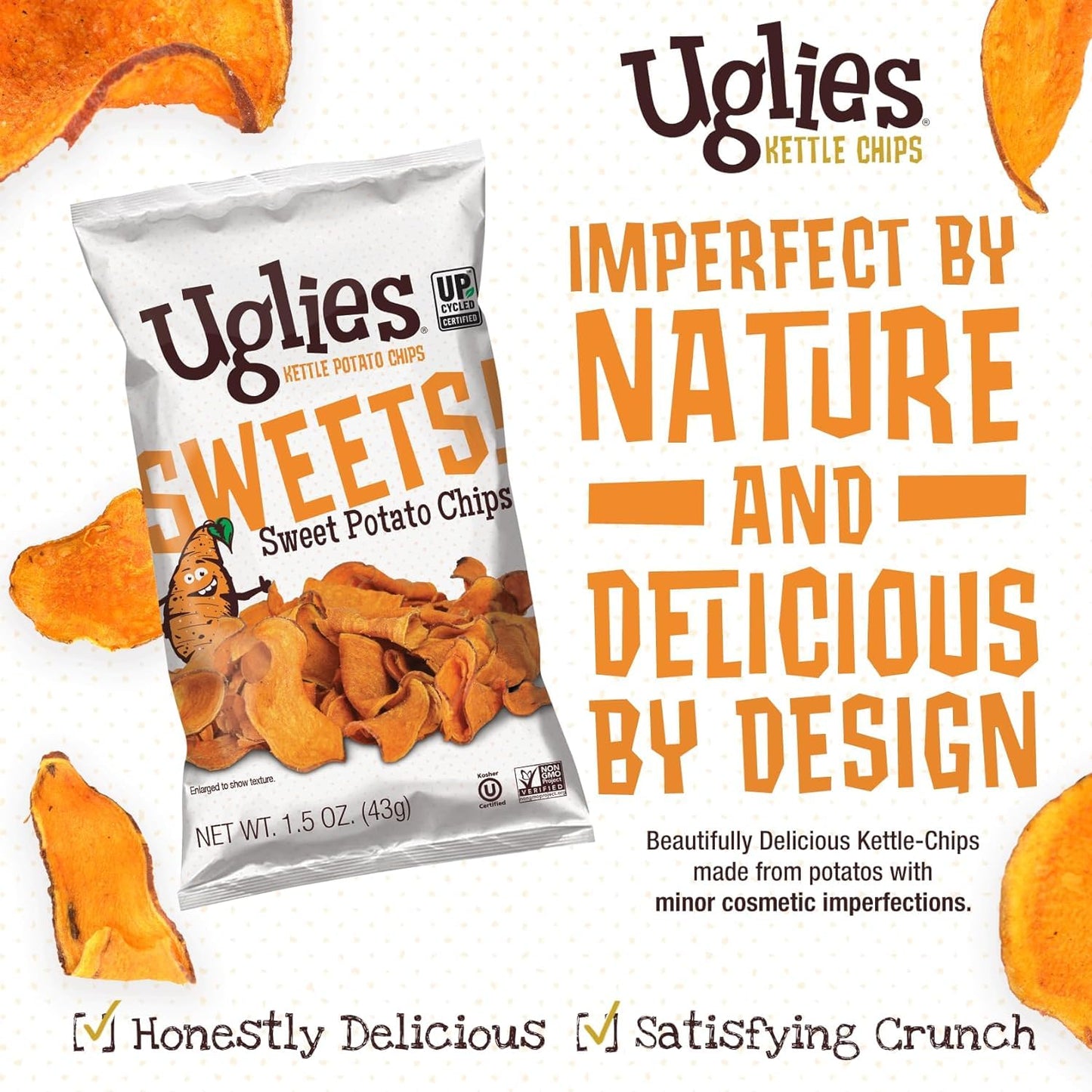 UGLIES Sweet Potato Kettle-Cooked Potato Chips, Gluten-Free Snacks, Kosher-Friendly Chips, Non-GMO Snacks for Kids or Office, Lunch Snacks, Sweet Potato Chips, 1.5 Oz. Bags, Pack of 24