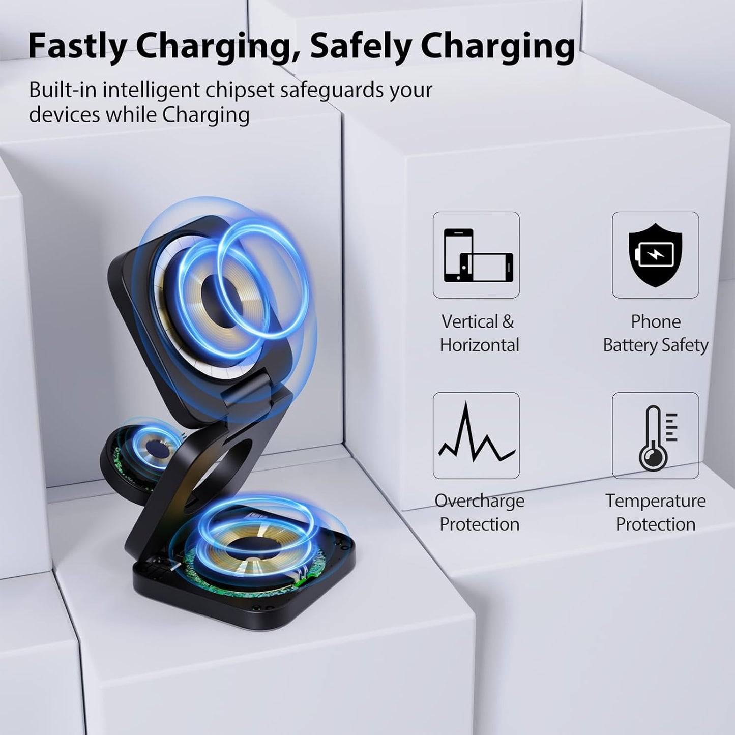Fast Wireless Charger, Magnetic Foldable 3 in 1 Charging Station for iPhone 16/15/14/13/12/Pro/Plus/Pro Max, 5W Portable Charger for Apple Watch9/8/7/6/5/4/3/SE, for Airpods3/2/Pro-Black