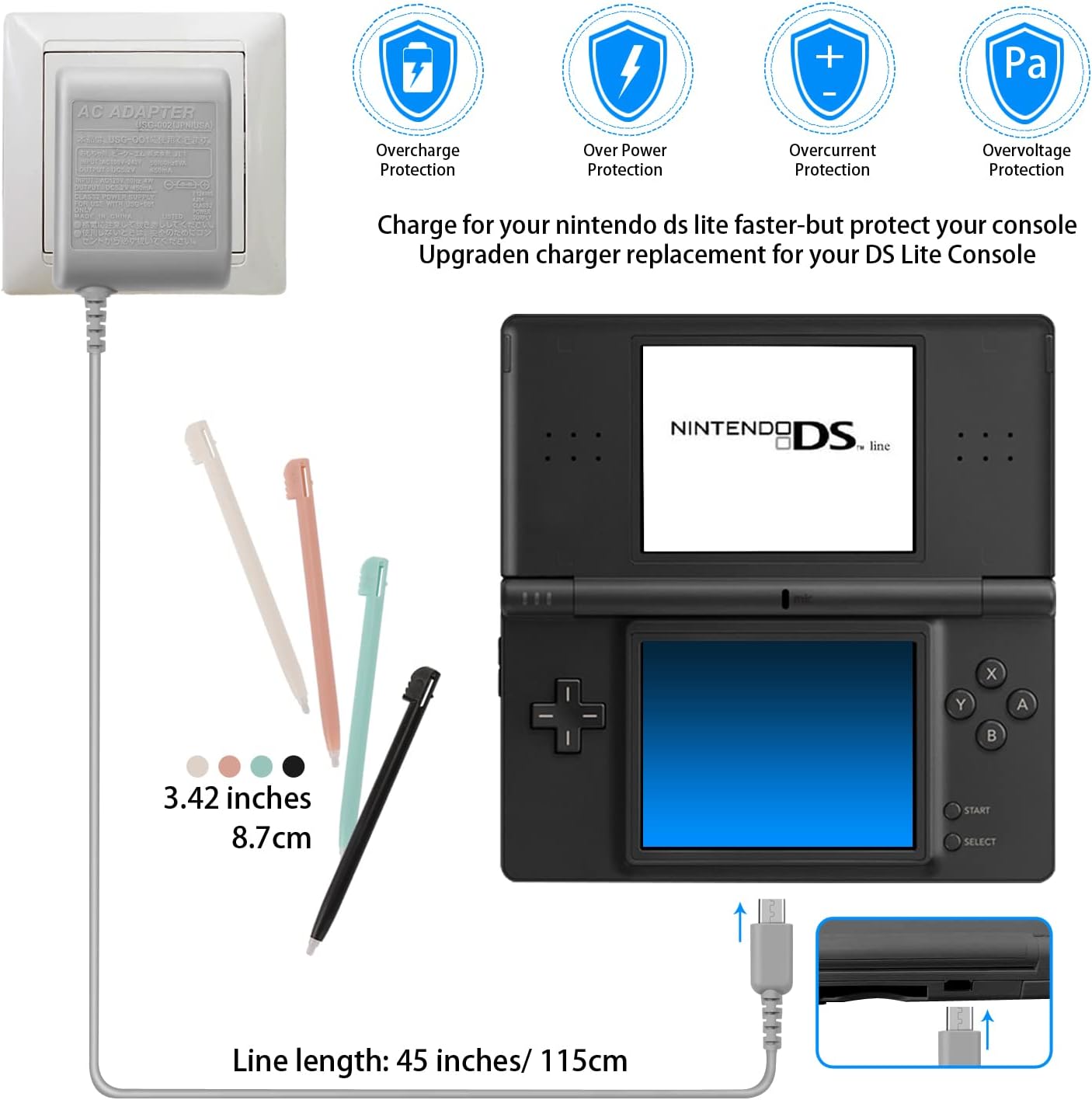 DS Lite Charger Kit Compatible with Nintendo DS Lite 100-240V Wall Plug Adapter with 4 Stylus Pen for Nintendo DS Lite