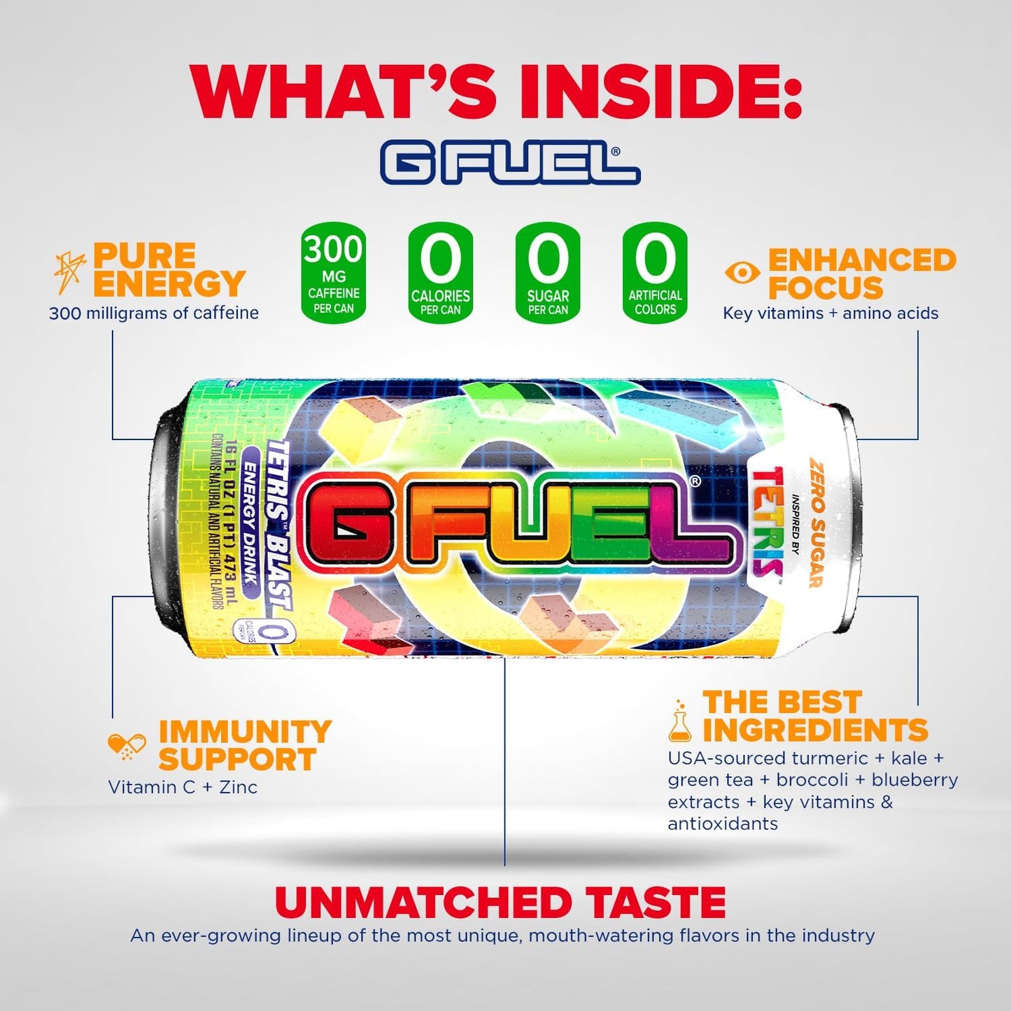 G Fuel Tetris Energy Drink, Sugar Free, Healthy Drinks, Zero Calorie, 300 mg Caffeine per Carbonated Can, Candy Flavor, Focus Amino, Vitamin + Antioxidants Blend - 12 Pack