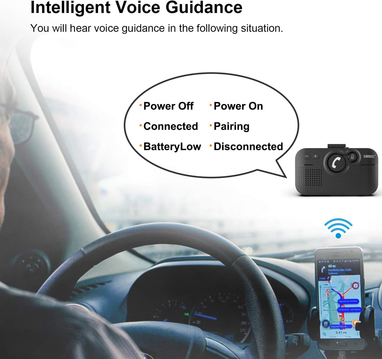 Handsfree Bluetooth Car kit for Cell Phone, Wireless Bluetooth Speaker for car, AUTO Power ON Support Siri Google Voice Assistant Hands Free Car Phone Speakerphone with Visor Clip-BC980SA