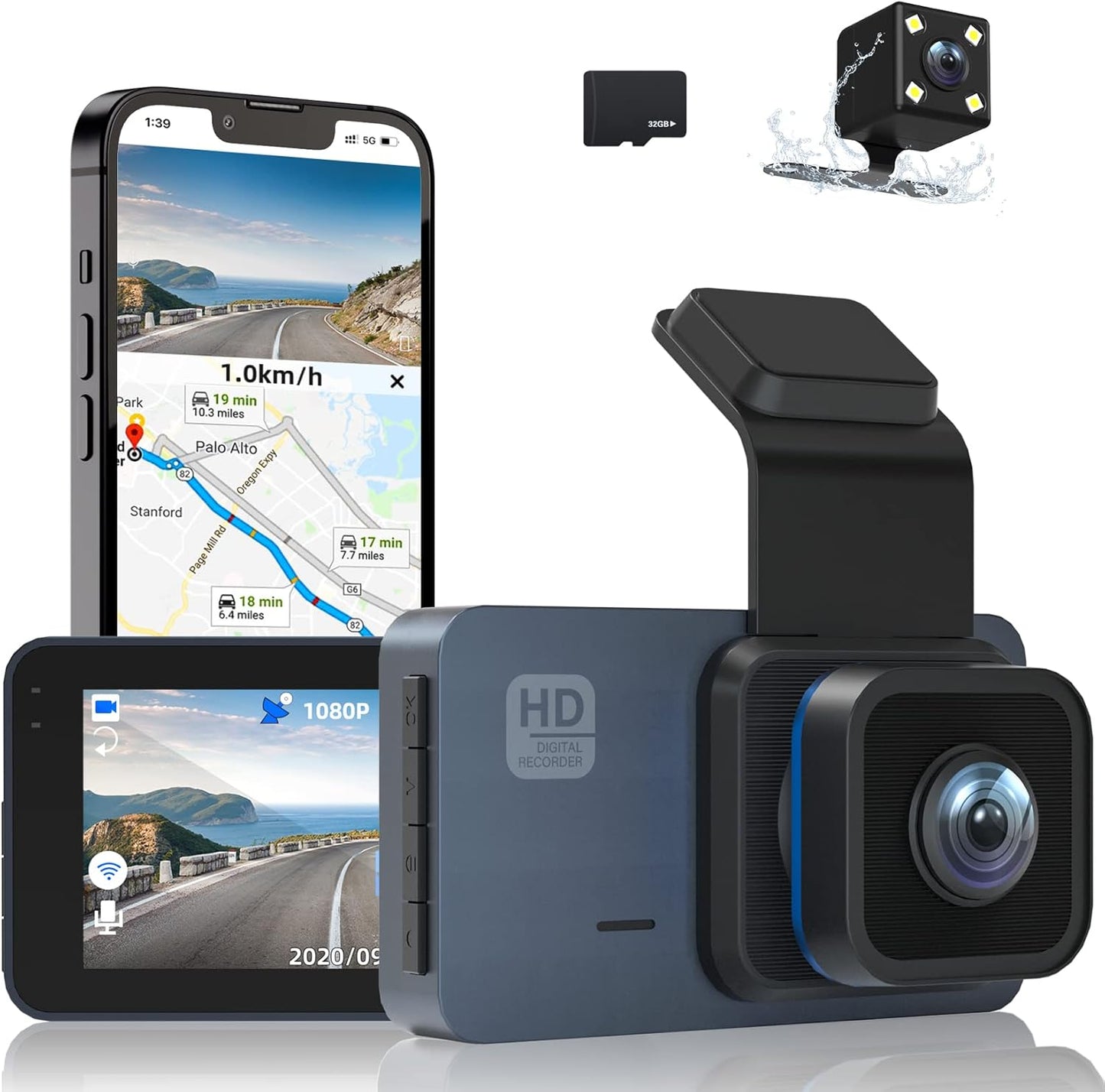 2K Dash Cam WiFi, Front and Rear Dash Camera for Cars Night Vision WDR Dashcam with 3 Inches, 170° Wide Angle, GPS Included, HD Screen Loop Recording, G-Sensor, Parking Monitor, with Free 32GB Card