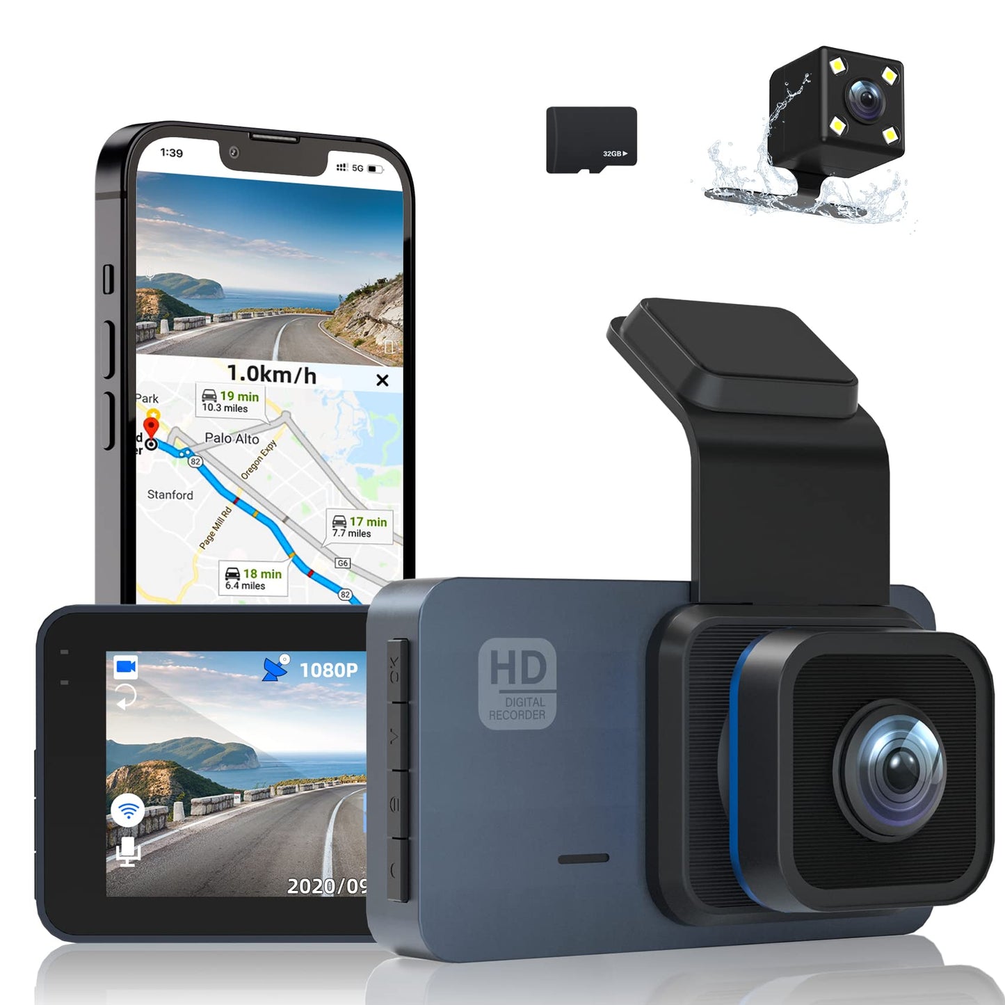 2K Dash Cam WiFi, Front and Rear Dash Camera for Cars Night Vision WDR Dashcam with 3 Inches, 170° Wide Angle, GPS Included, HD Screen Loop Recording, G-Sensor, Parking Monitor, with Free 32GB Card