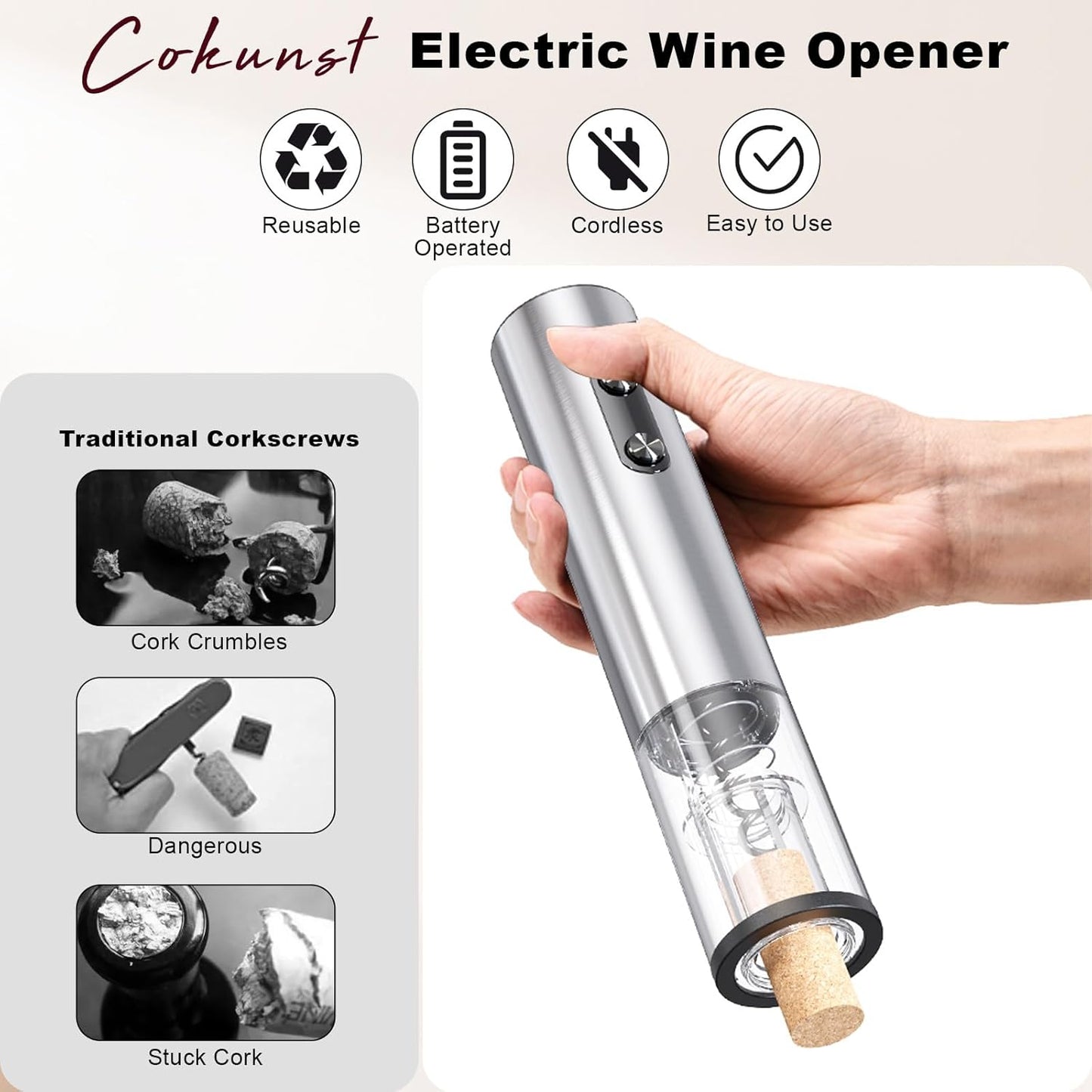 COKUNST Electric Wine Opener, Battery Operated Corkscrews Wine Bottles Openers with Foil Cutter & LED Light, Reusable Automatic Wine Remover Stainless Steel for Wine Lover Home Kitchen Party