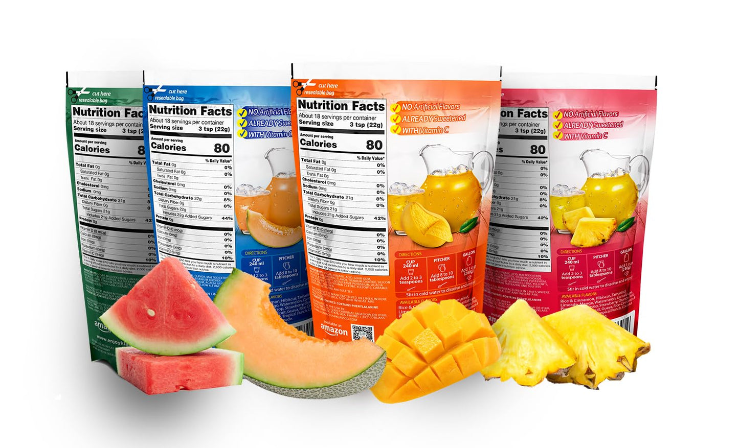 Klass Aguas Frescas | Drink Mix Tropical Variety Pack | Watermelon, Cantaloupe, Mango & Pineapple Drinks Flavors | From Natural Sources, No Artificial Flavors, With Vitamin C (Makes 7 to 9 Quarts) 14.1 Oz Family Pack (4-Pack)