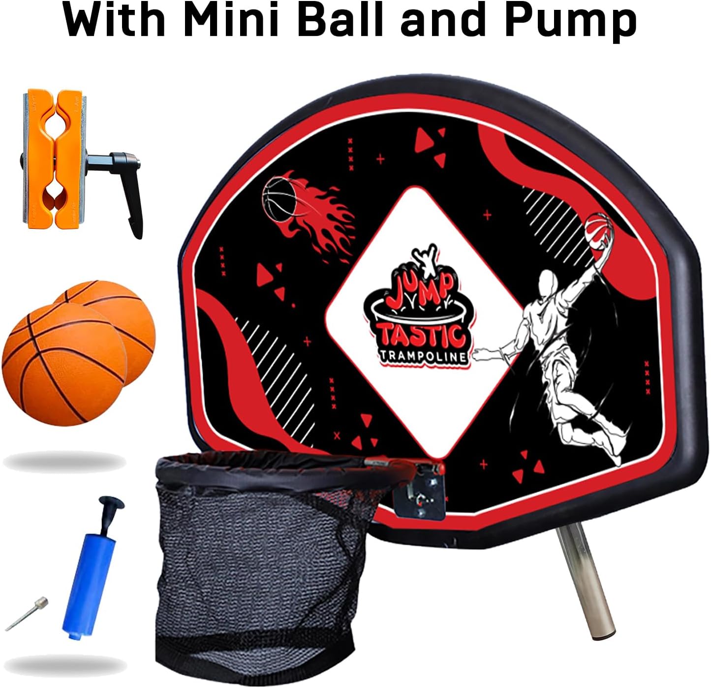 Trampoline Basketball Hoop, Fits Straight and Curved Pole Basketball Hoop for Trampoline, Universal Trampoline Basketball Hoop Attachment with Mini Ball and Pump, Easy to Install