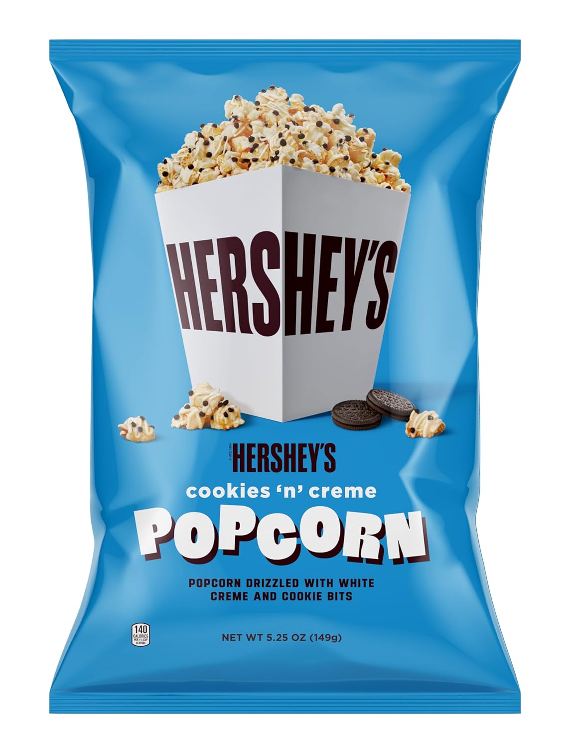Hershey's Cookies N Crème, 5.25oz Grocery Sized Bag, Popcorn drizzled in white creme and cookie bits, Ready to Eat, Savory Snack, Sweet and Salty Snacks