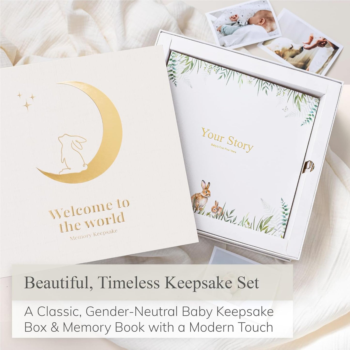 Baby Keepsake Box with Baby Memory Book - Baby Shower Gifts for Mom, Gender Reveal Gift Ideas - Cool Gifts for New Mom - Baby Journal Boy and Girl - Baby Books Keepsake First 5 Years, Scrapbook, Beige