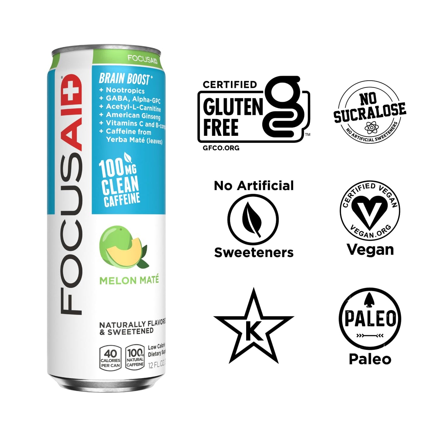 FOCUSAID Energy Blend | Nootropics Drink for Brain Fuel | Alpha-GPC, GABA, B-Complex, Yerba Mate, Green Tea | 100% Clean |100mg Natural Caffeine | 12-oz. can