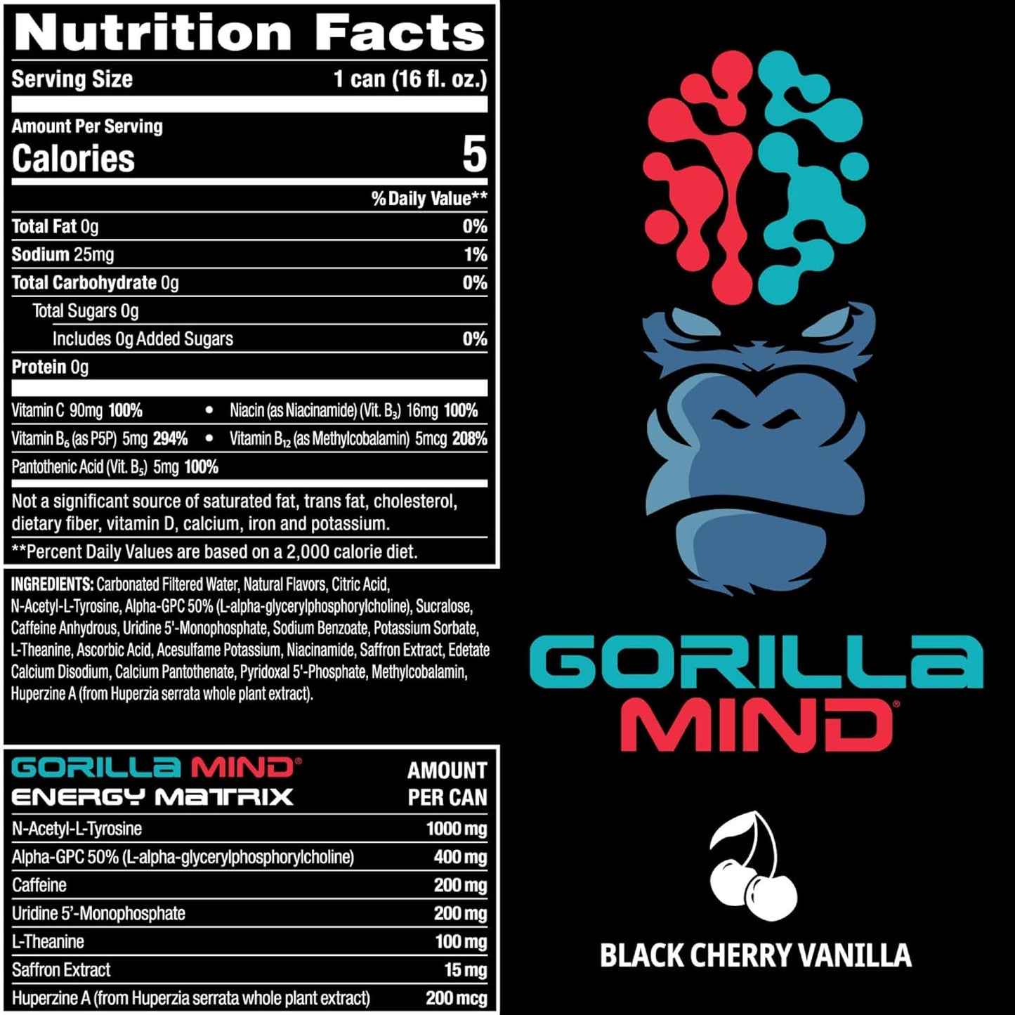 Gorilla Mind Energy Drink | Unmatched Energy · Amplified Focus | N-Acetyl-L-Tyrosine, Alpha-GPC, 200mg Caffeine, Uridine, Saffron | 0 Sugar Or Artificial Colors | 16oz, 12-Pack (Black Cherry Vanilla)