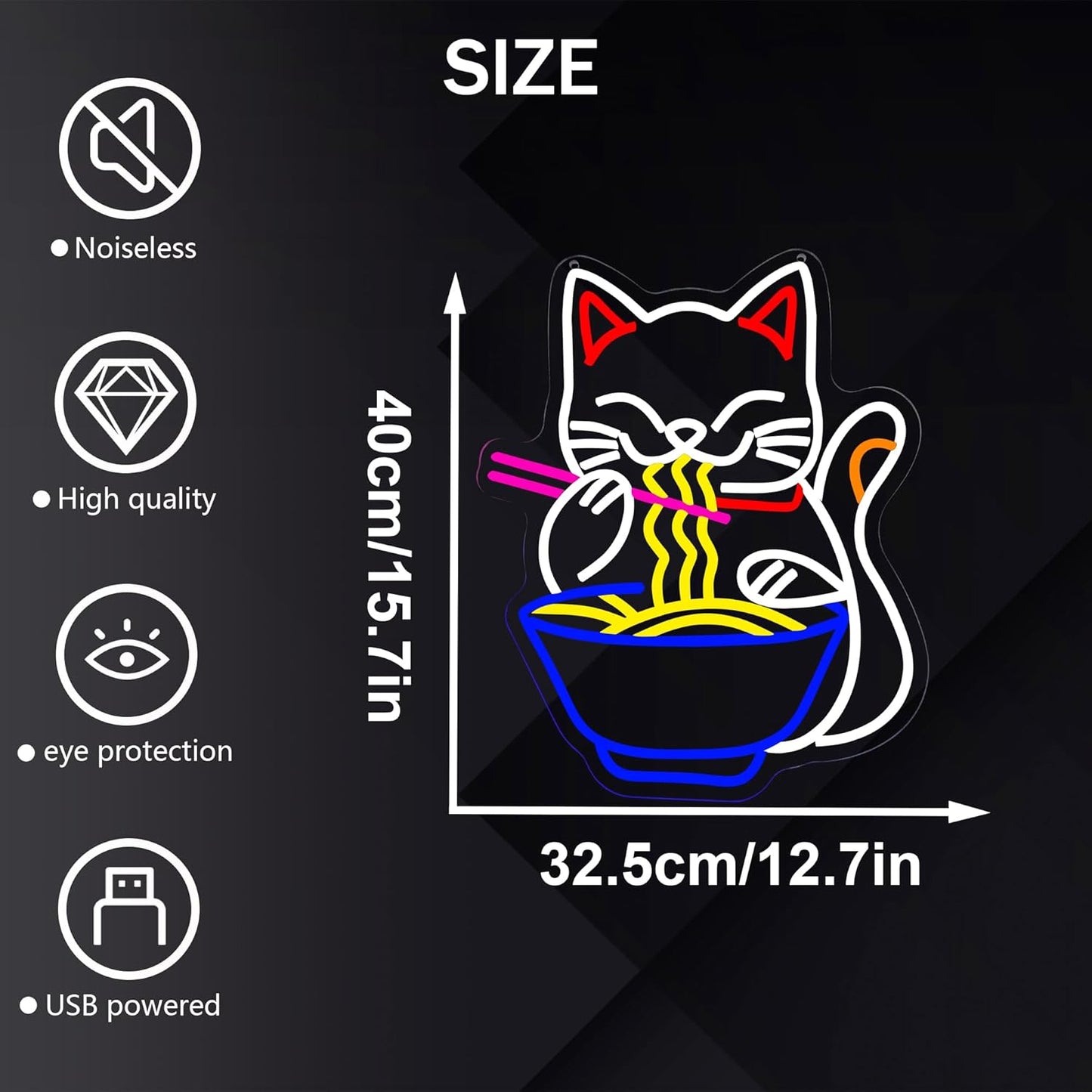 Fortune Cat Ramen Neon Sign, Dimmable Japanese Lucky Cat Noodle Ramen Led Neon Signs for Wall Decor Resturant Home Bar Kitchen Dinning Room Wall Art Decor Gifts(15.7 * 12.7in)