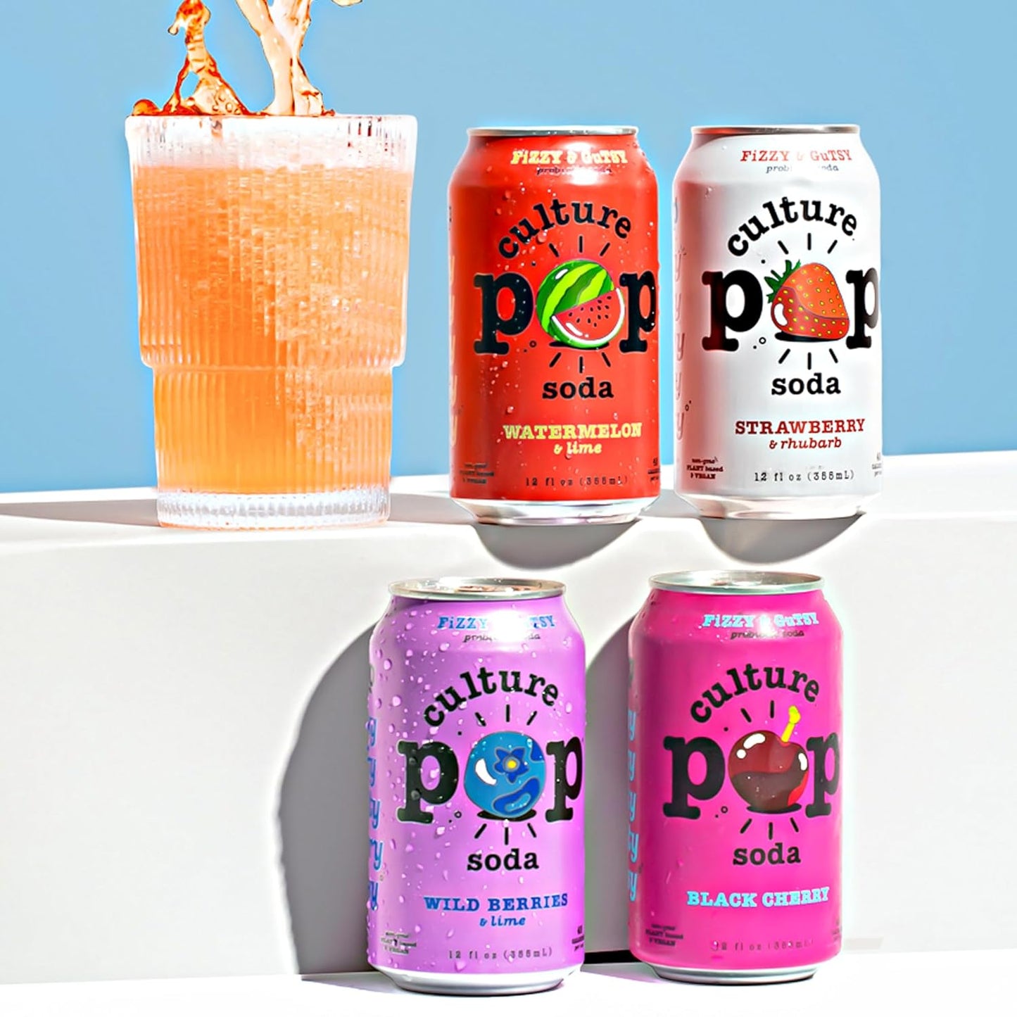 Culture Pop Soda Sparkling Probiotic Drink, Vegan Soda for Gut Health, Non-GMO, GF, No Added Sugar, 12 Pack, 12 Fl Oz Cans, Jazzy & Juicy Variety Pack