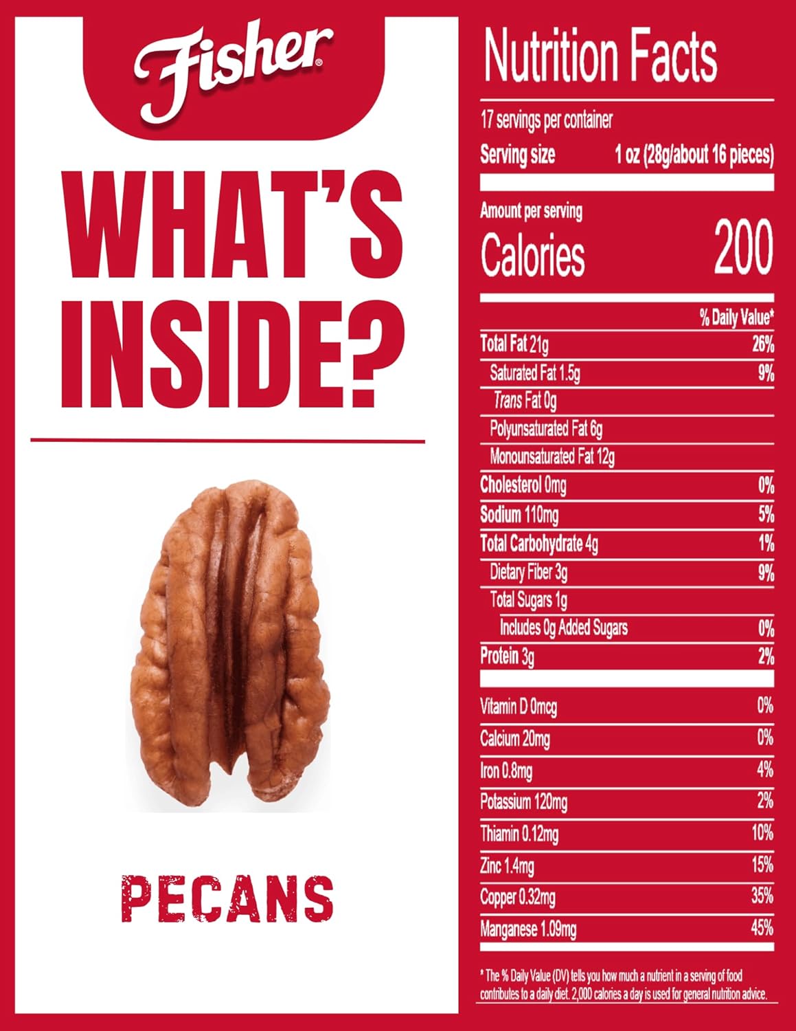 Fisher Oven Roasted Never Fried Mammoth Pecans, 17 Ounces (Pack of 1), Heart Healthy Snacks for Adults, Made with Sea Salt, No Added Oil or Artificial Ingredients , Gluten Free, Vegan Protein, Bulk