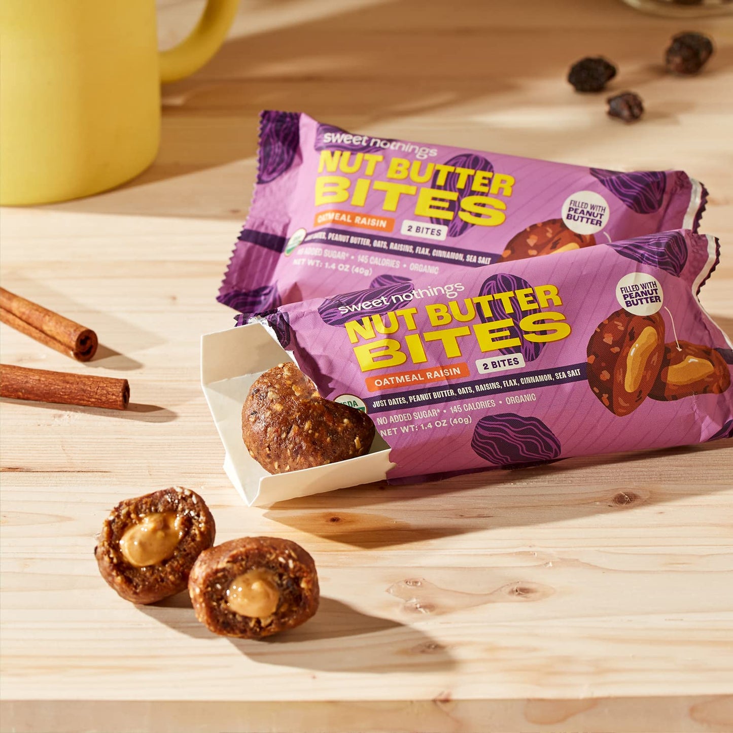 Sweet Nothings, Oatmeal Raisin, USDA Organic Nut Butter Bites Protein Bar, Nut & Date Snack, Filled with Peanut Butter, 12-2 Bite Value Packs - No Added Sugar, Plant Based, Vegan, Only 7 Ingredients