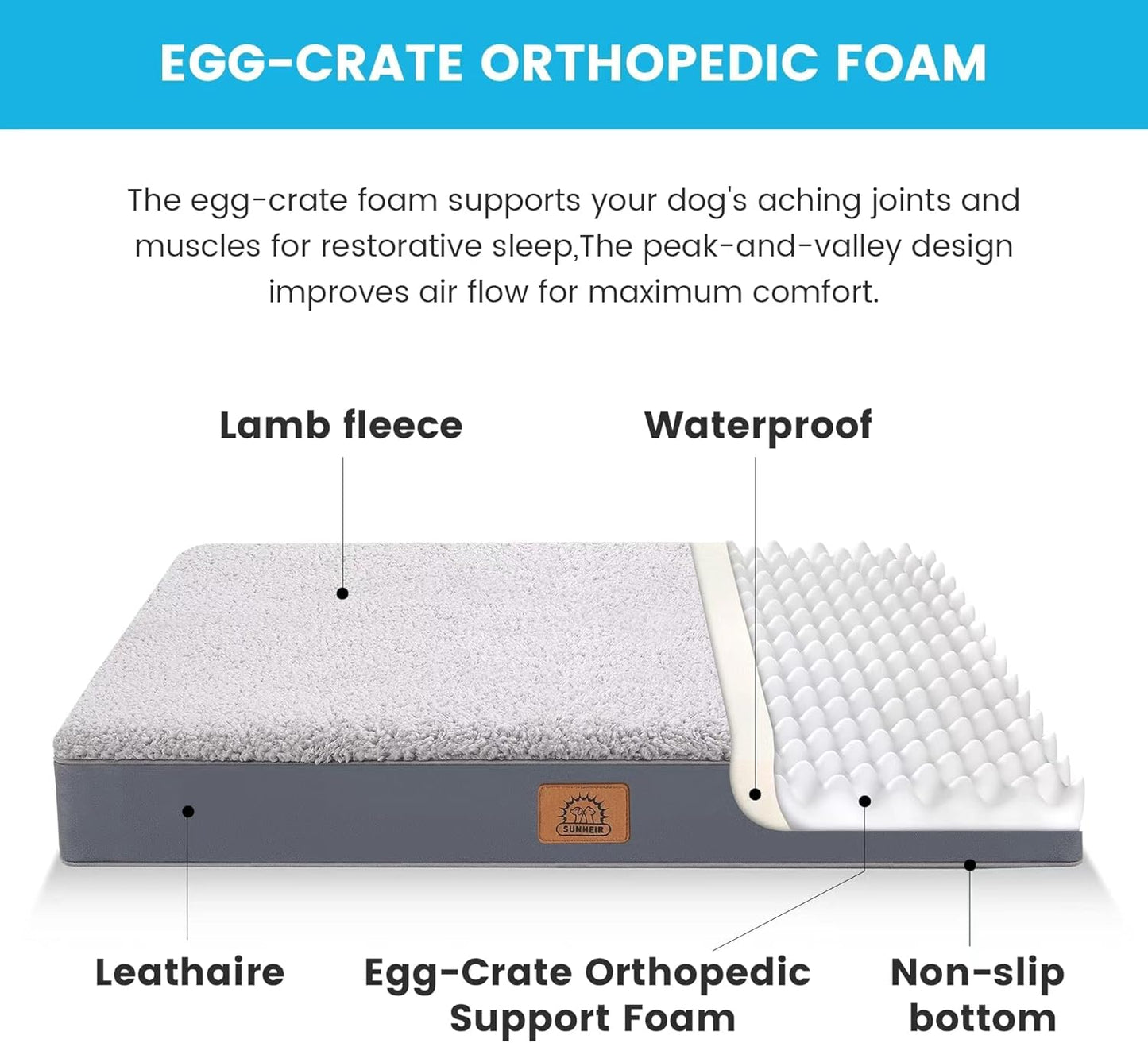 Orthopedic Dog Bed for Large Dogs - Big Waterproof Dog Bed with Removable Washable Cover & Anti-Slip Bottom, Extra Large Dog Crate Bed, Deluxe Plush Pet Bed Mat (Grey)