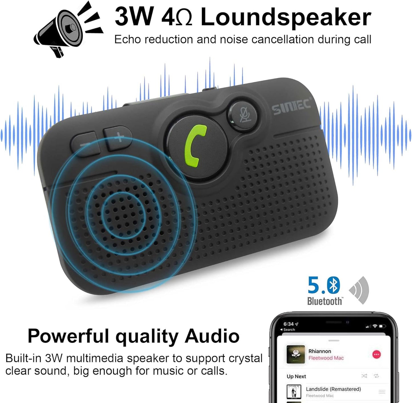 Bluetooth Car Speaker for Cell Phone, Handsfree Bluetooth Car Kit Motion AUTO ON Off Support Siri Voice Assistant Handsfree Speakerphone with Visor Clip - BC980P