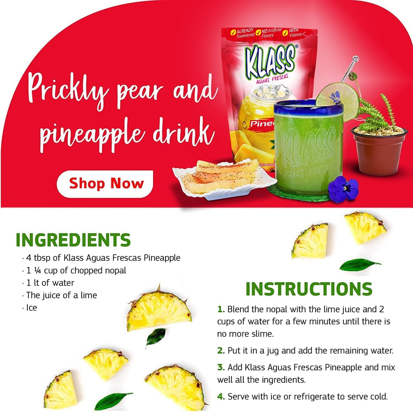 Klass Aguas Frescas | Drink Mix Tropical Variety Pack | Watermelon, Cantaloupe, Mango & Pineapple Drinks Flavors | From Natural Sources, No Artificial Flavors, With Vitamin C (Makes 7 to 9 Quarts) 14.1 Oz Family Pack (4-Pack)