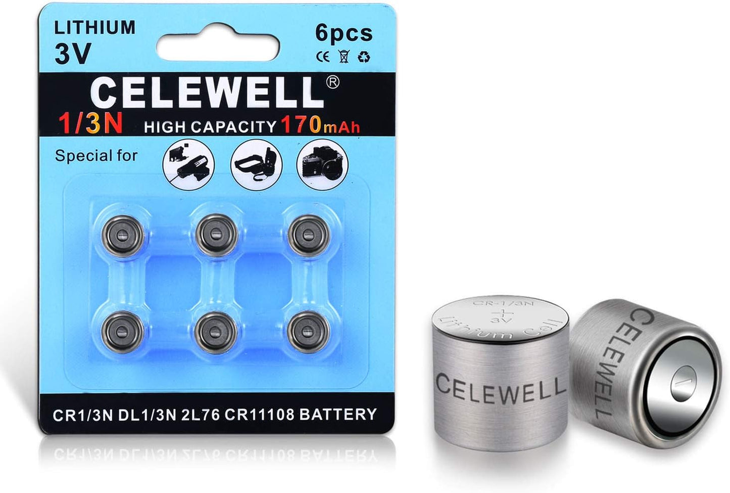 6 Pack DL1/3N CR1/3N 3V Lithium Battery 170mAh【7-Year Warranty】