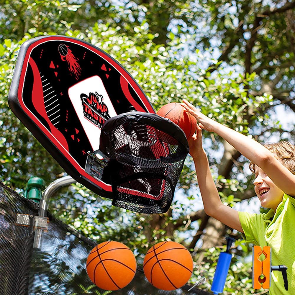 Trampoline Basketball Hoop, Fits Straight and Curved Pole Basketball Hoop for Trampoline, Universal Trampoline Basketball Hoop Attachment with Mini Ball and Pump, Easy to Install