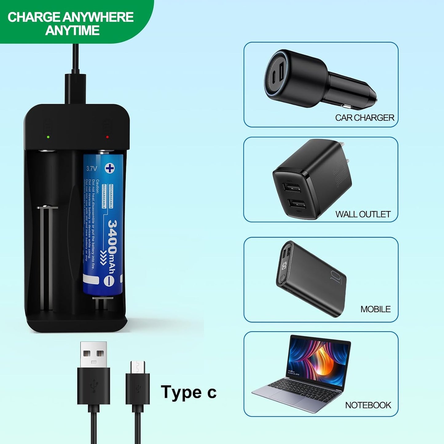 18650 Rechargeable Battery Charger Set, 3.7V Button Top Lithium ion Rechargeable Battery for Flashlight Headlamp (4Batteries+ Rechargeable Charger Set)