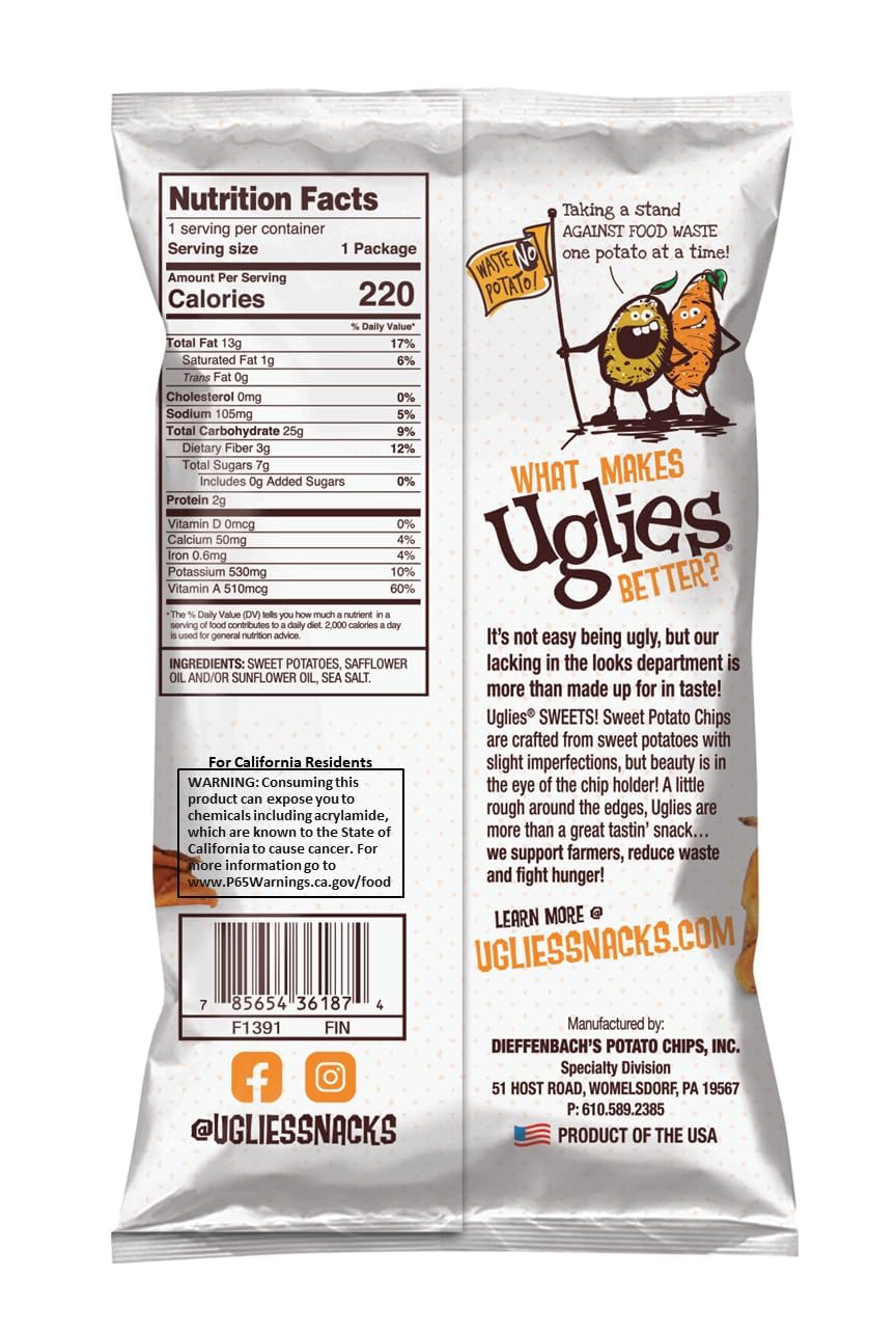 UGLIES Sweet Potato Kettle-Cooked Potato Chips, Gluten-Free Snacks, Kosher-Friendly Chips, Non-GMO Snacks for Kids or Office, Lunch Snacks, Sweet Potato Chips, 1.5 Oz. Bags, Pack of 24