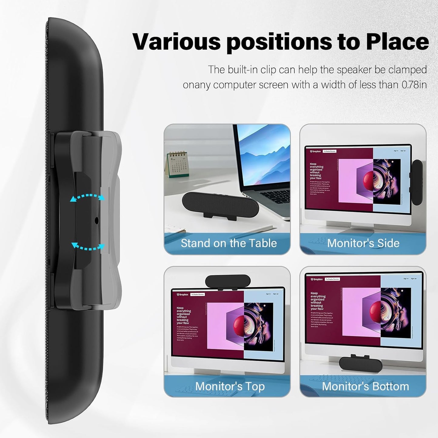 Computer Speakers for Desktop Monitor,Single USB Speakers for Desktop PC,Laptop Speaker with Loud Sound,Volume Control Easily Clamps to Monitors(USB-C to USB Adapter Included) (Black)