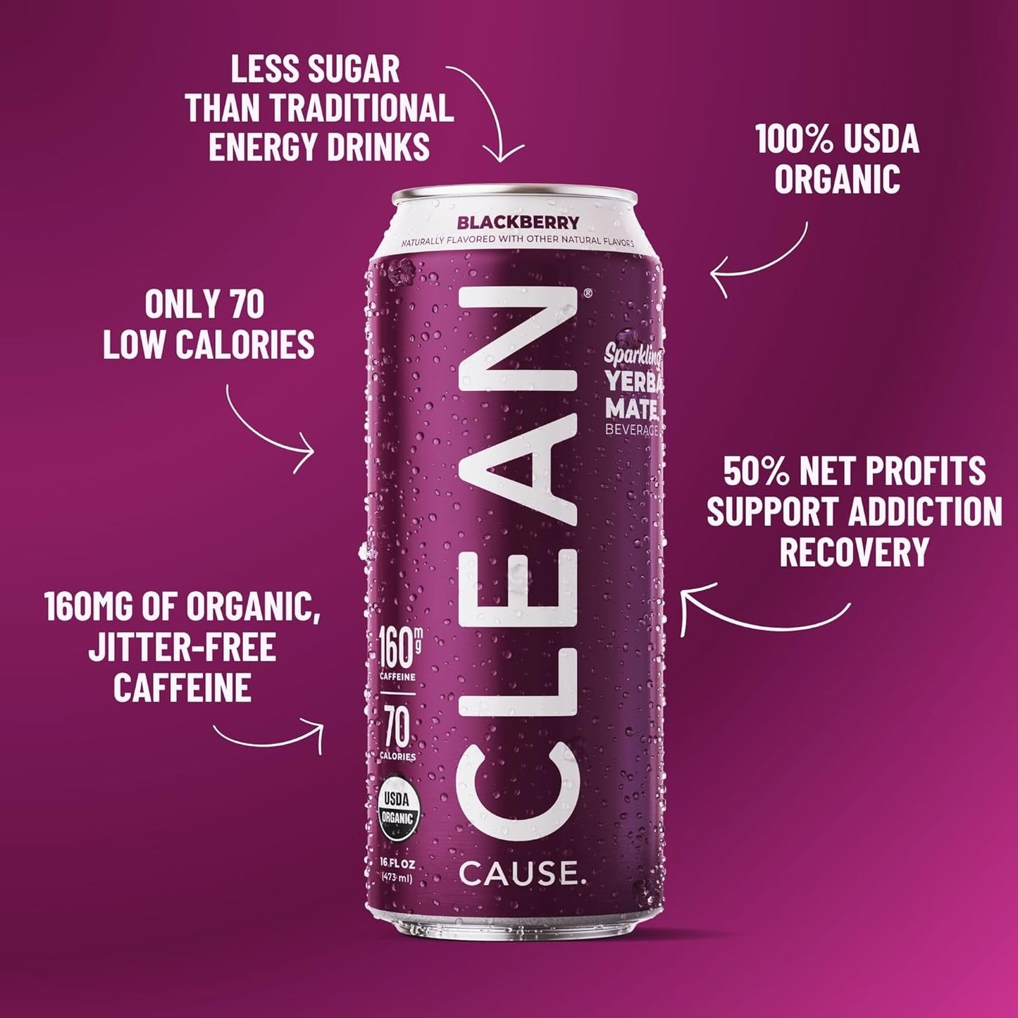 CLEAN Cause Low Calorie Variety Pack Sparkling Yerba Mate Tea, 160mg Caffeine, Organic, Low Sugar, Healthy Alternative to Energy Drinks (16oz cans, 12-Pack Case)