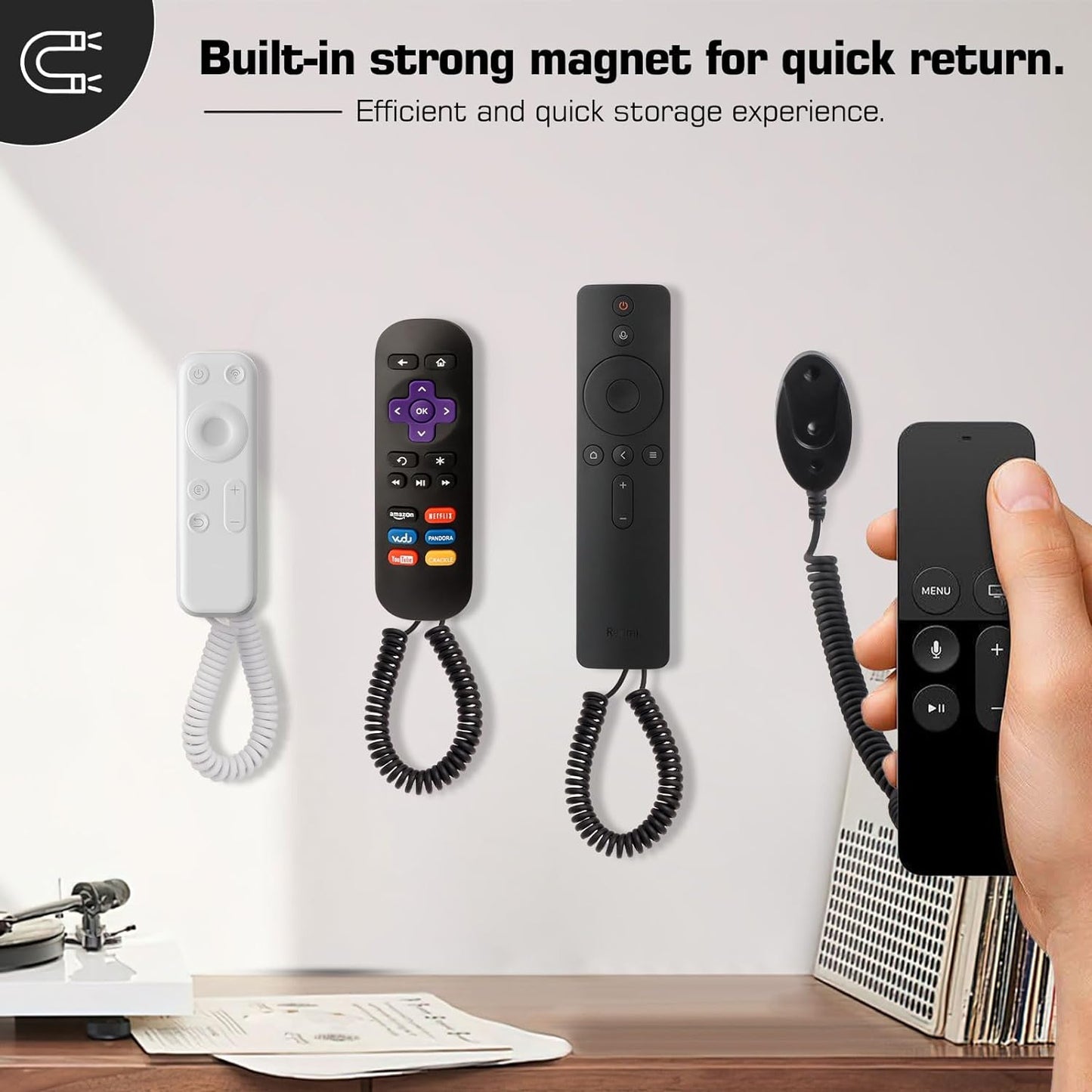 2-Pack Magnetic Remote Control Holders with Spring Ropes - Safely Secure Remotes & Small Items, Wall-Mount with Adhesive, Anti-Loss, Rapid Adsorption, Extendable Spring (Black 70 inch, 2 Pack)