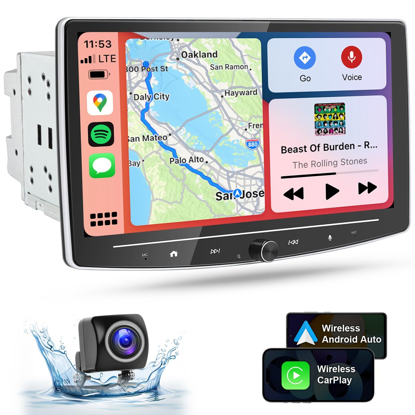 10 Inch Double Din Car Stereo Touchscreen - Detachable Floating QLED Car Radio with Apple Wireless CarPlay, Android Auto, Bluetooth, Live Rear View Camera, 2.1 Channel Audio Multimedia Receivers