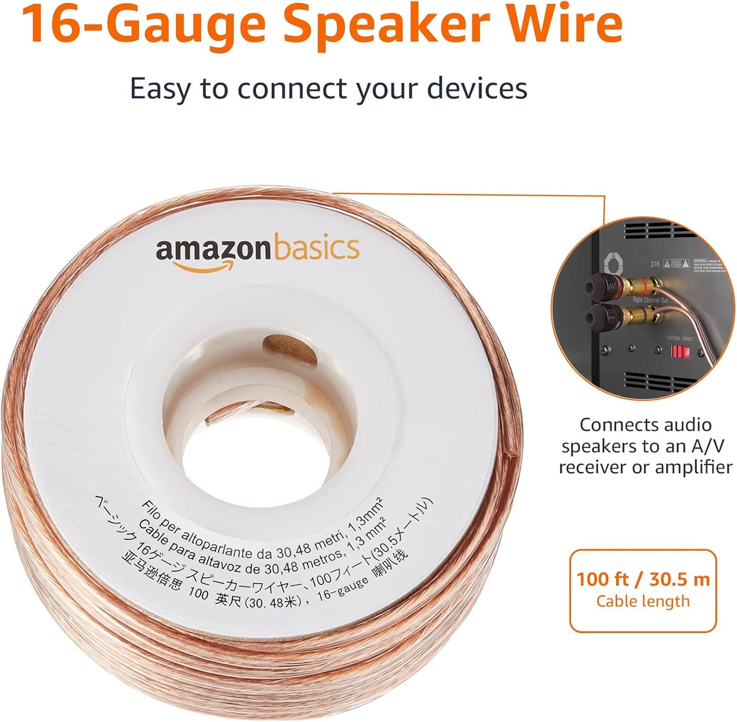 Amazon Basics 16-Gauge Speaker Wire Cable, 100 Feet, Bronze