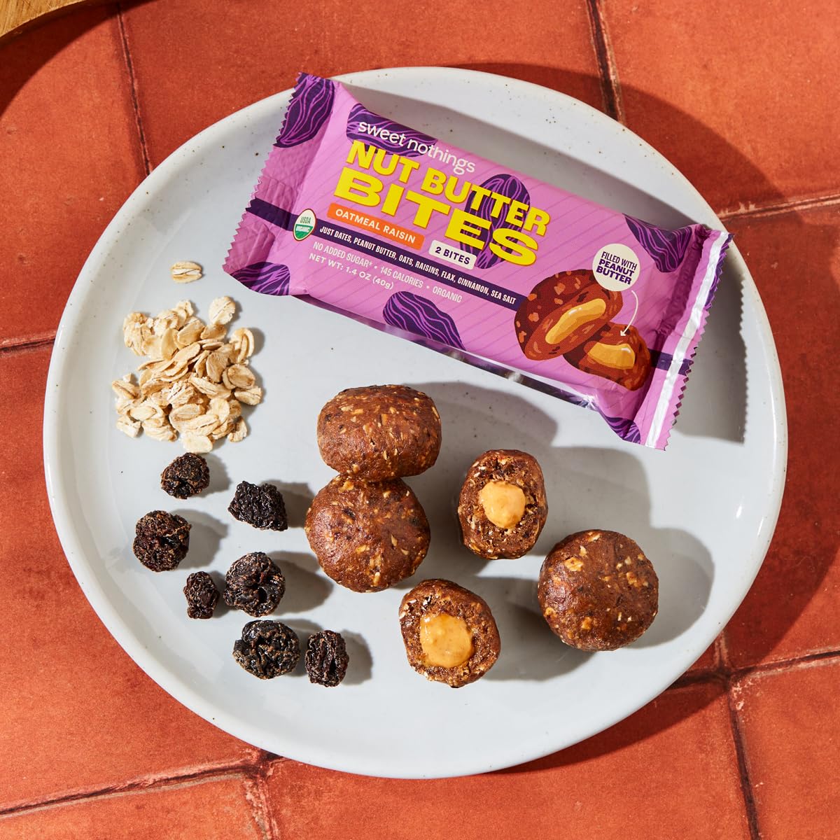 Sweet Nothings, Oatmeal Raisin, USDA Organic Nut Butter Bites Protein Bar, Nut & Date Snack, Filled with Peanut Butter, 12-2 Bite Value Packs - No Added Sugar, Plant Based, Vegan, Only 7 Ingredients