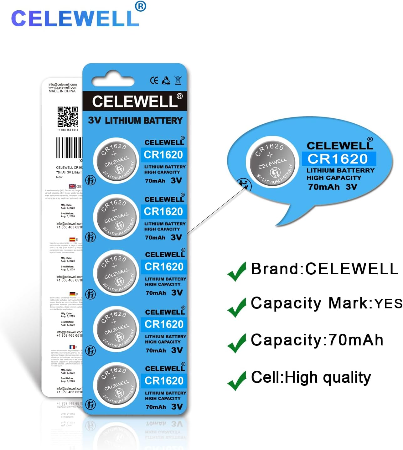 CR1620 5 Pack for Key Fob Tracker 70mAh 3V Lithium Battery 【5-Year Warranty】