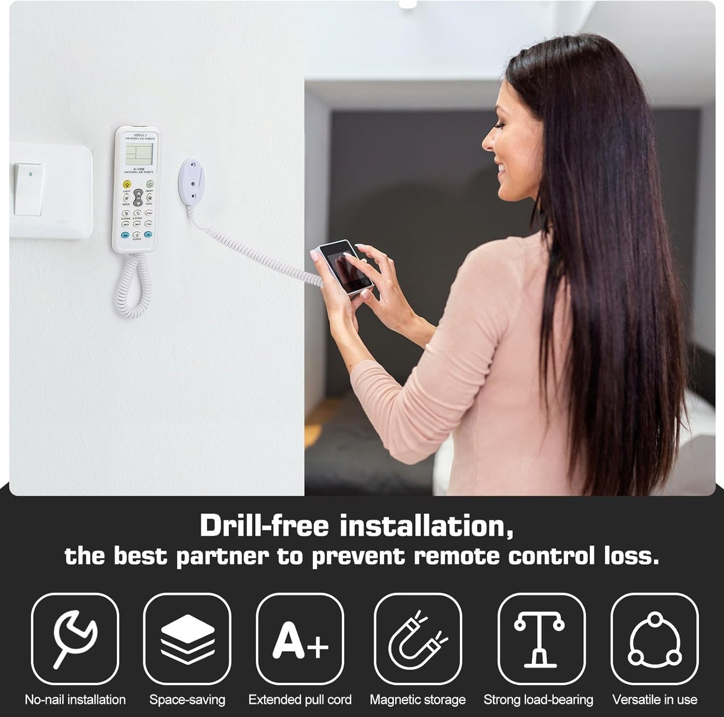 2-Pack Magnetic Remote Control Holders with Spring Ropes - Safely Secure Remotes & Small Items, Wall-Mount with Adhesive, Anti-Loss, Rapid Adsorption, Extendable Spring (Black 70 inch, 2 Pack)