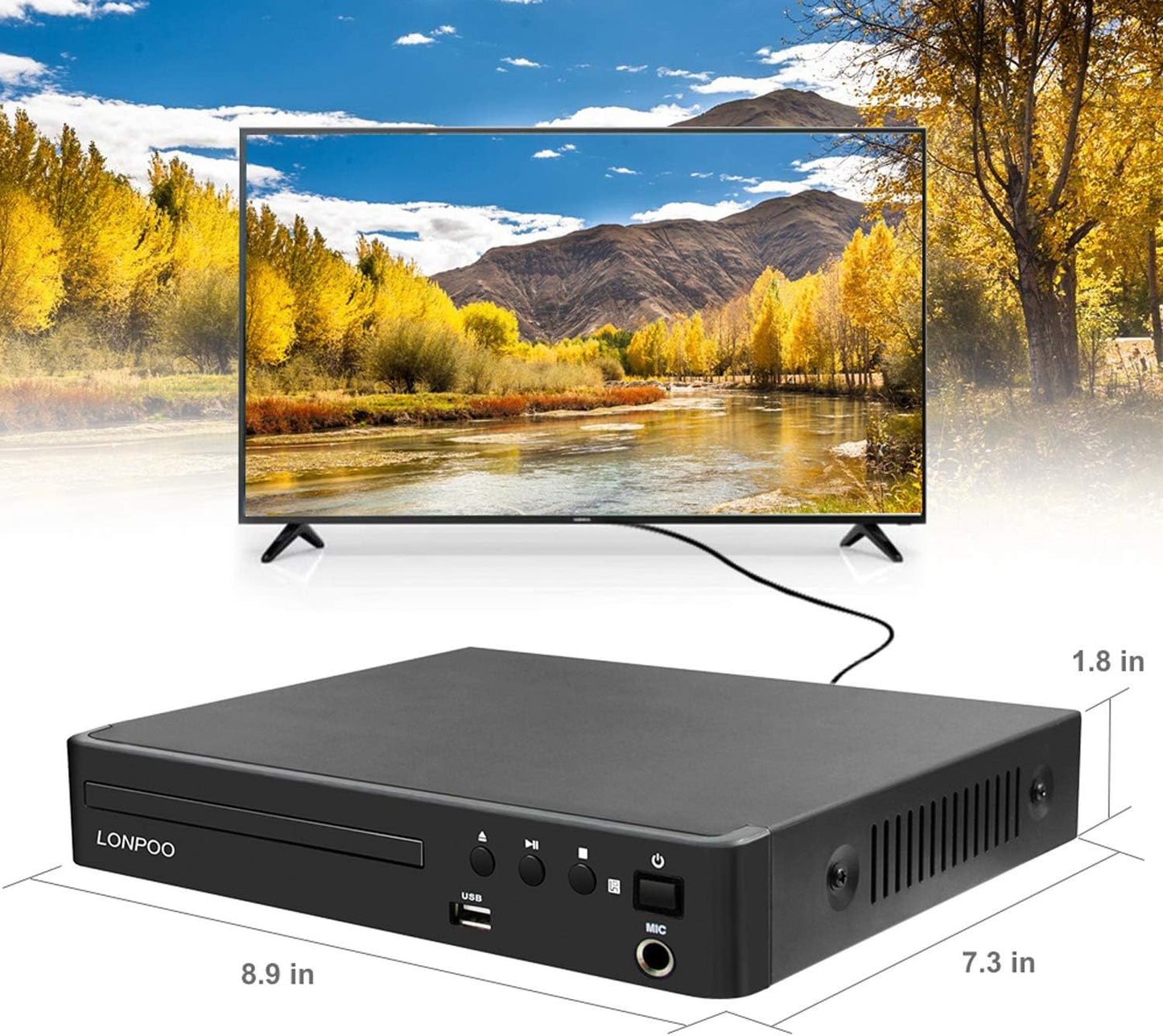DVD Player HDMI for TV, LONPOO Compact Multi Region DVD CD Disc Player with Full HD Picture Quality,Anti-Skip,No Picture Freeze,Noise Cancellation,Microphone Port,USB Playback,HDMI & AV Cable Included