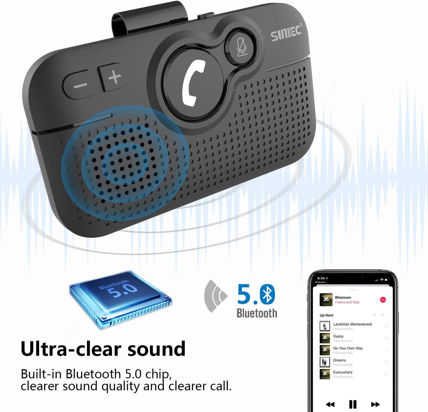 Handsfree Bluetooth Car kit for Cell Phone, Wireless Bluetooth Speaker for car, AUTO Power ON Support Siri Google Voice Assistant Hands Free Car Phone Speakerphone with Visor Clip-BC980SA