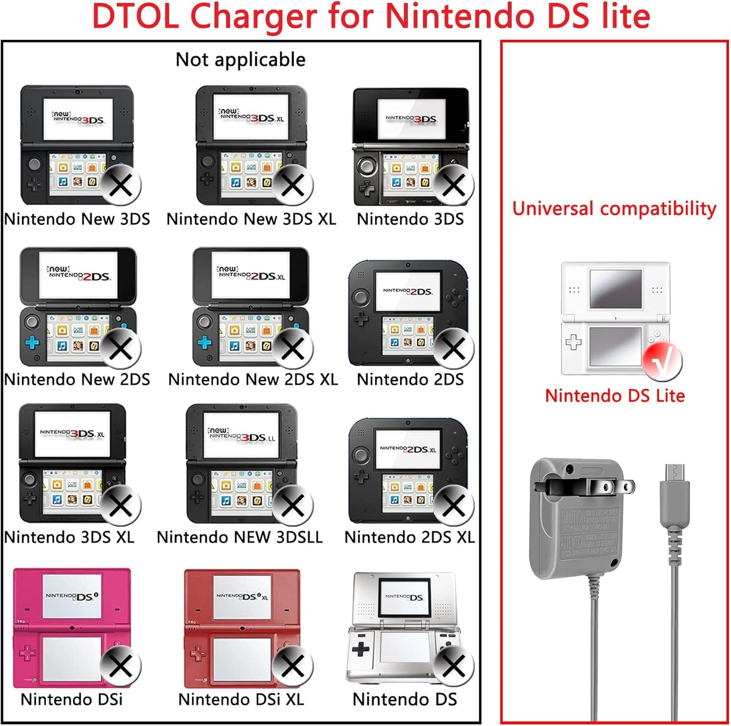 DS Lite Charger, DTOL DS Lite Charger Replacement for Nintendo DS Lite, AC Adapter Compatible with DS Charger (100-240v) 2 Pack